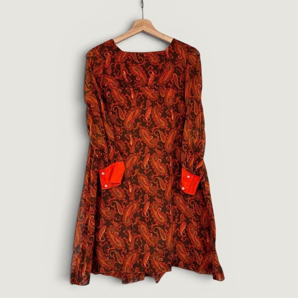 Vintage 60s Honey Junior Petite Paisley Dress Small Mod Orange Brown Retro